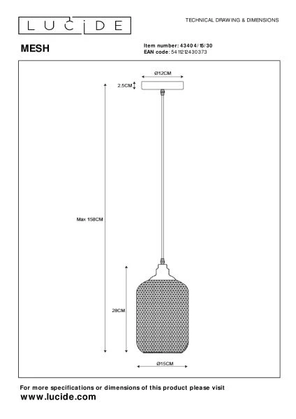 Lucide MESH - Pendant light - Ø 15 cm - 1xE27 - Black - technical